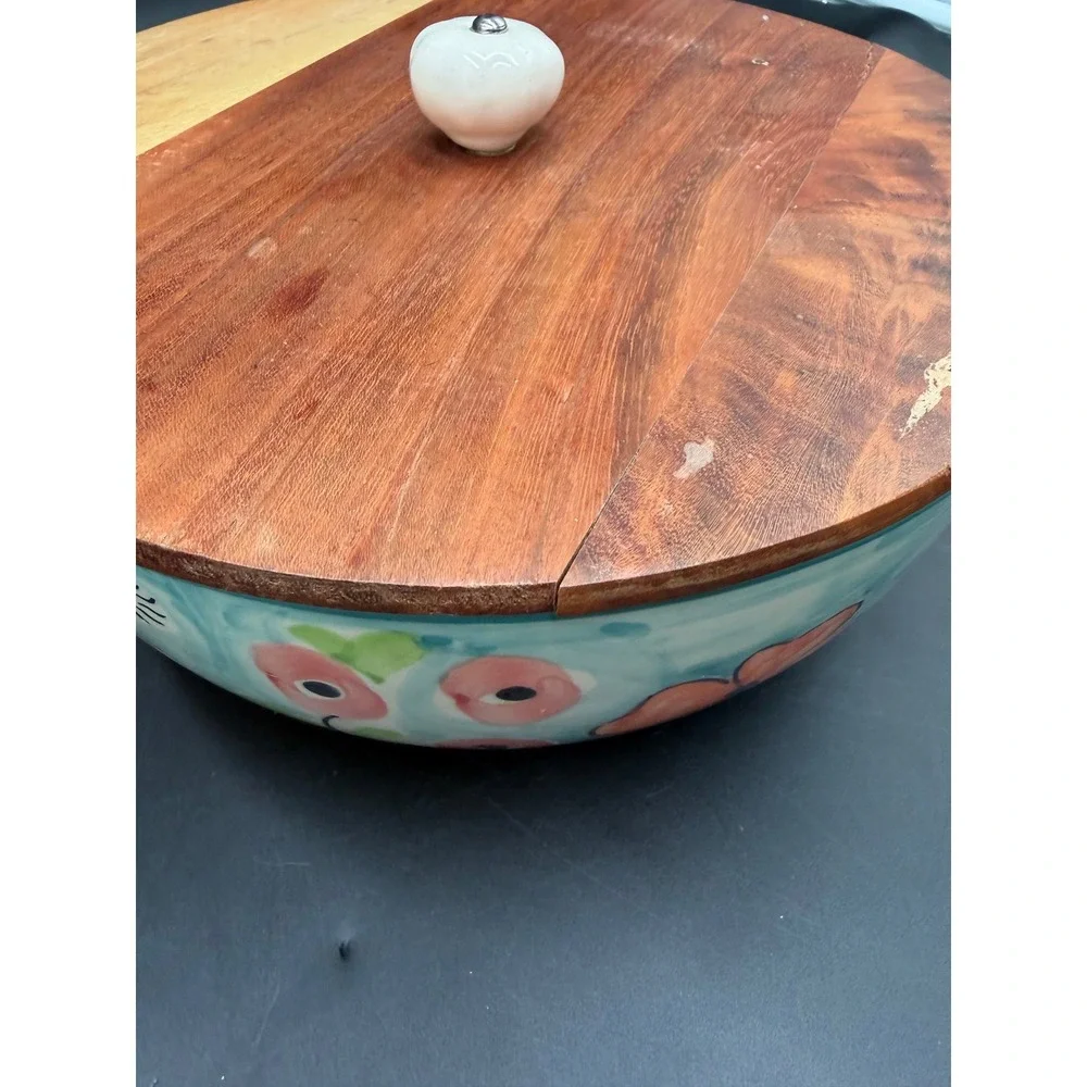 Hand Painted Ceramic Tiger & Floral Serving Bowl with Wooden Lid 10